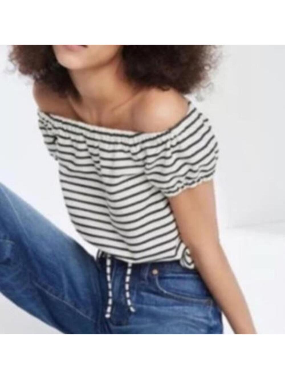 3333 MADEWELL Melody Stripe Off Shoulder Top in White / Blue Size XS uec